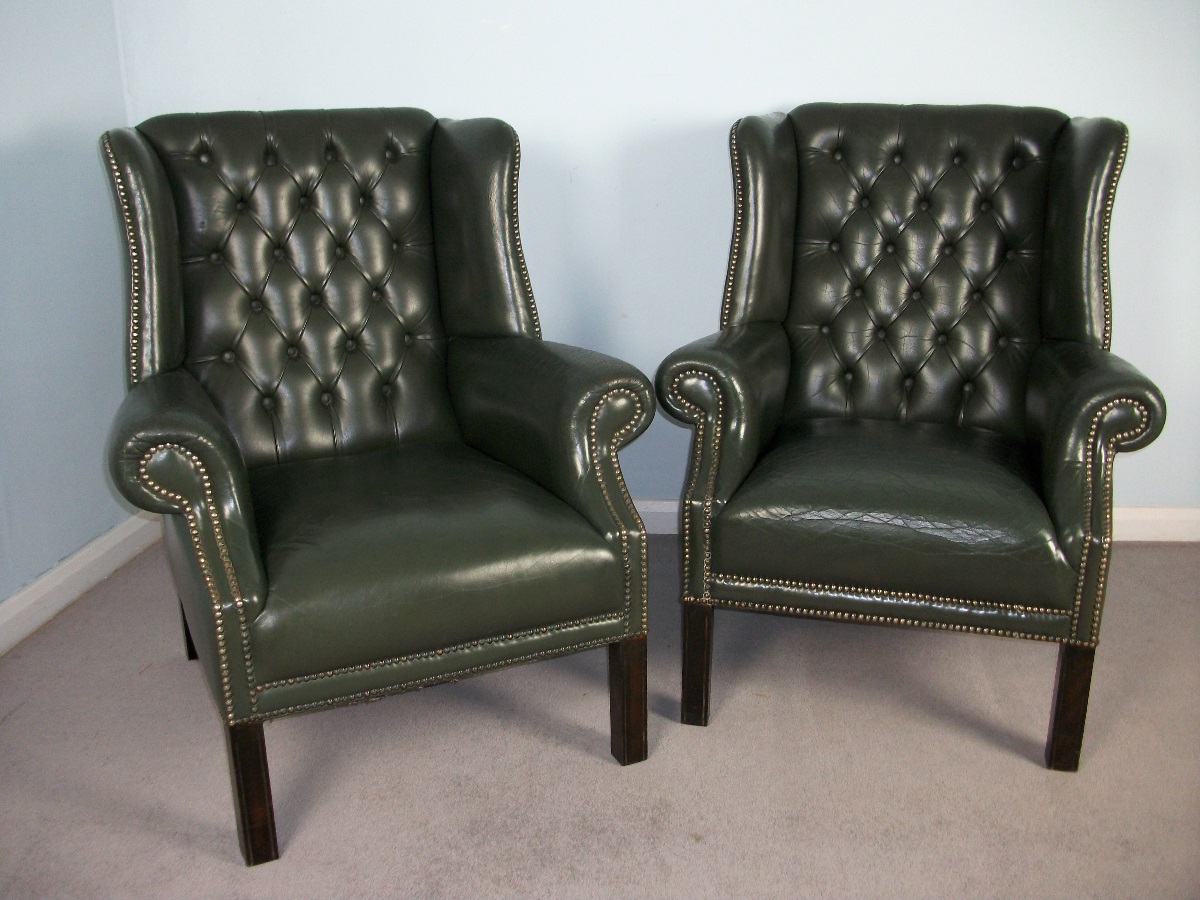 Pair of Green Leather Wingchairs